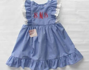 Back to School Monogram Dress, Girl Ruffled Monogrammed dress, Pinafore Girl Monogram Dress, Monogrammed Toddler Dress, FREE Personalization