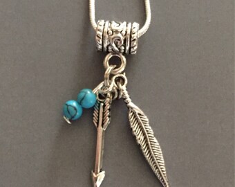 Silver Feather & Arrow Turquoise Charm Necklace Pendant Native American Jewelry Indian Western Jewelry Silver Arrow Black Leather Navajo