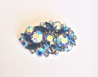 Vintage 1950s Blue Aurora Borealis Rhinestone and Glass Brooch
