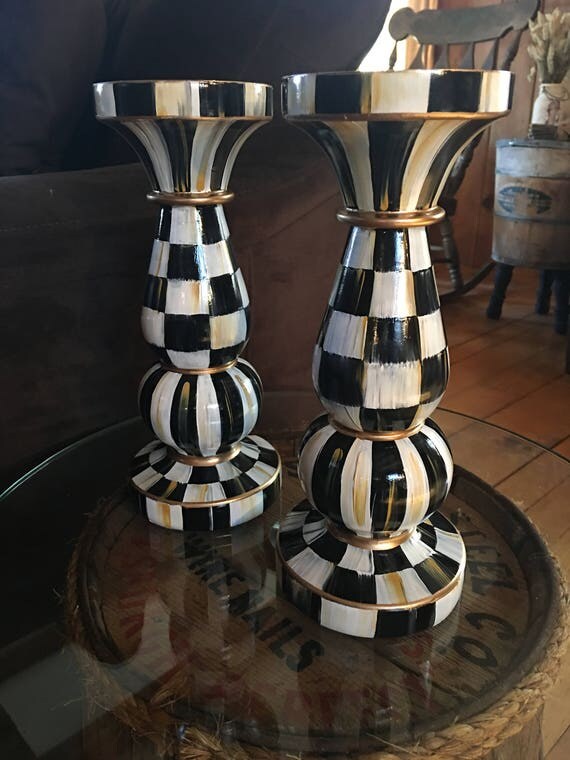 Hand painted black and white checkered 10 candle sticks