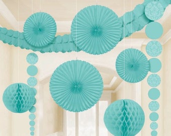 9 Pc Aqua Party Decorating Kit With Damask Designs - Includes A 12 Ft Garland - Create A Beautiful Celebration!