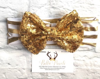 Baby Headbands, Baby Girl Headbands, Gold Bow Headband, Gold and White Band Headband, Headbands, Baby Girl, Sequin Headbands, Sequin Bows