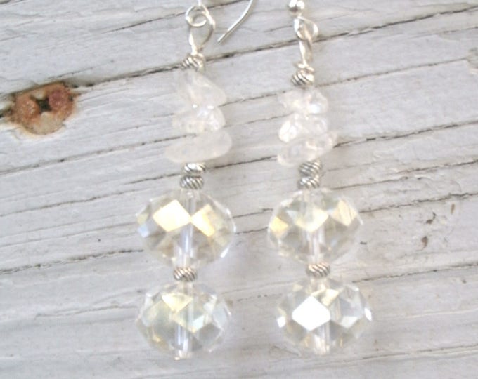 Crystal Earrings, faceted clear crystal 12mm rondelles and crystal quartz bead chips, on silver plated wires, classy, blingy earrings, OOAK