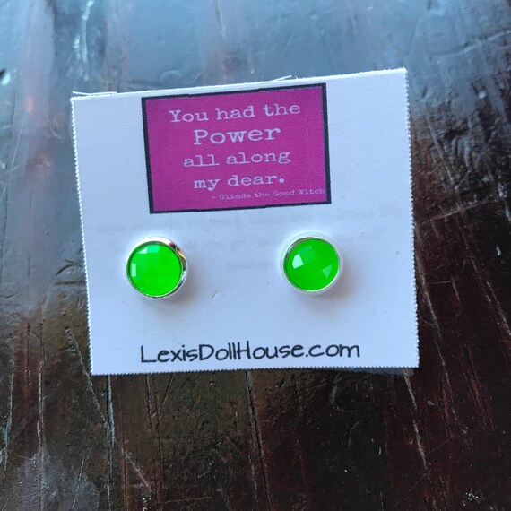 8mm Bright Neon Green Stud Earrings Druzy Drusy Cabochon Stone