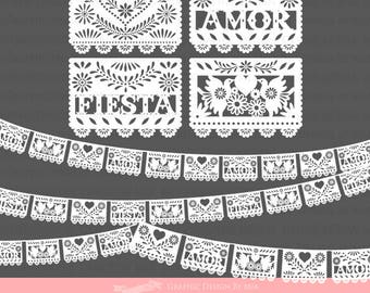 White Papel Picado / Papel Picado / Fiesta Bunting / Bunting Clip Art - Instant Download - CA072