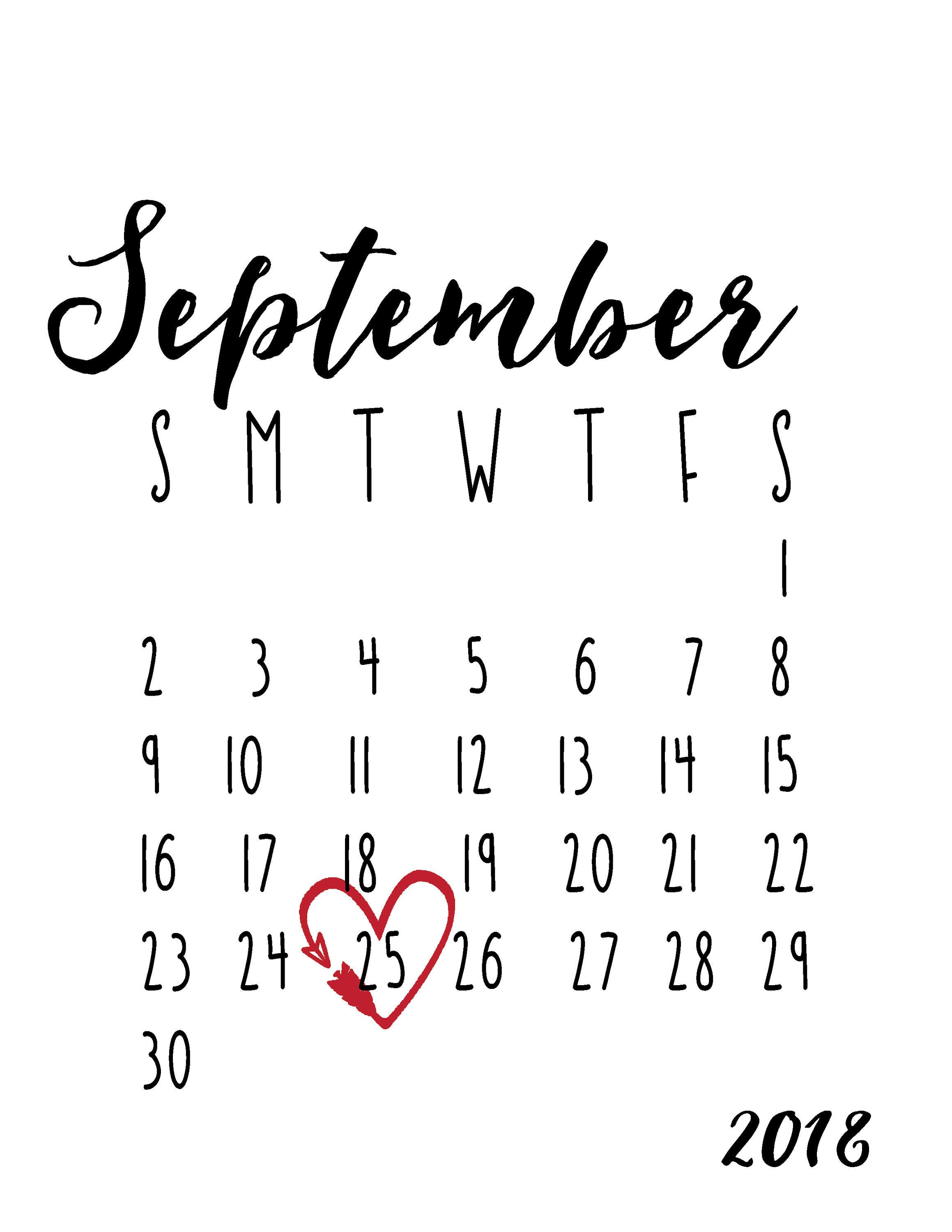 September 2018 Announcement Calendar, Digital Download 