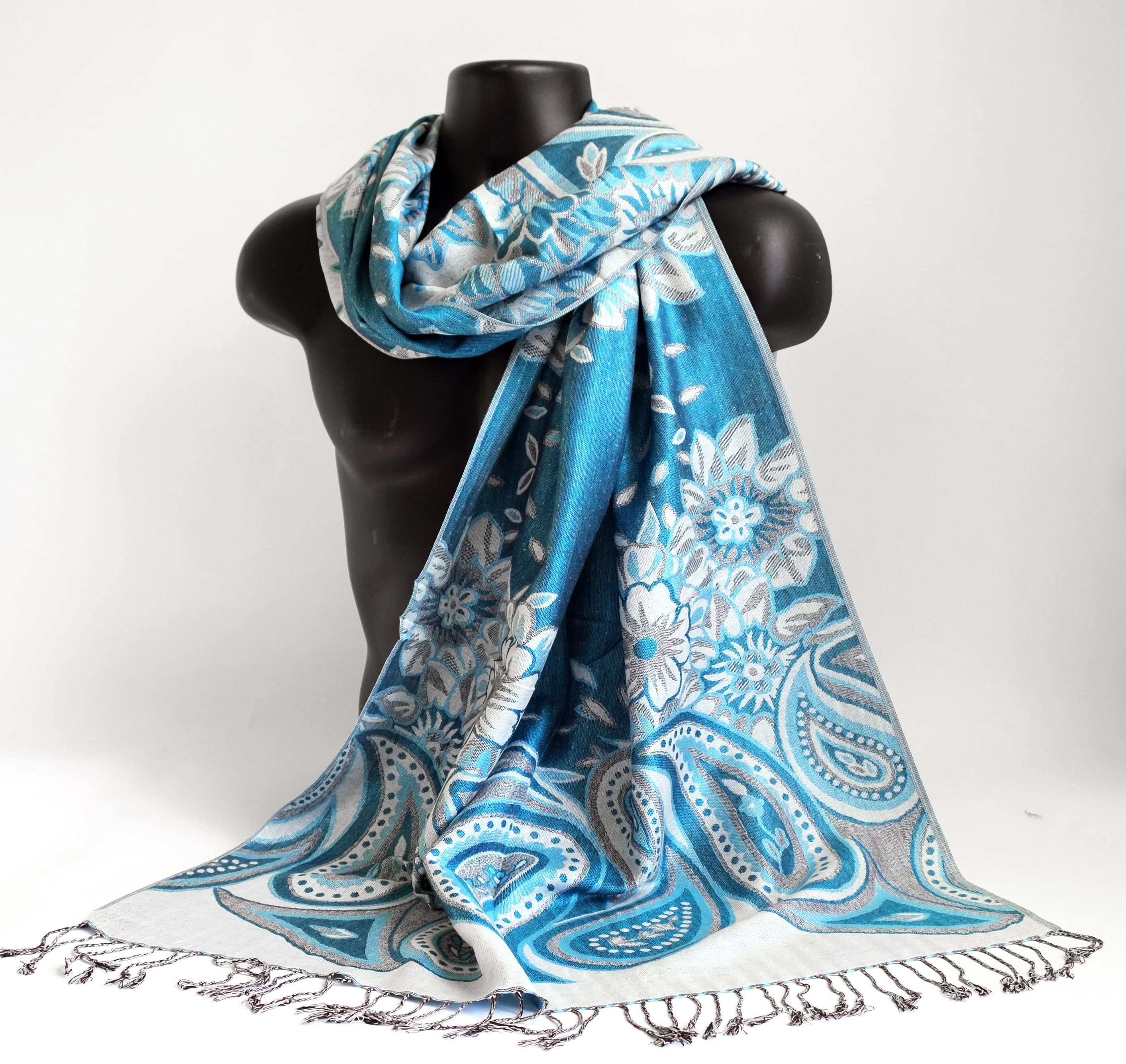 Modern Floral and Paisely Festival Pashmina Shawl Light Blue