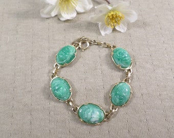 Beautiful Vintage Gold Tone Green Molded Lucite Link Bracelet DL#3265
