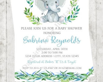 SALE Custom Printed 4.25X5.5" Watercolor Elephant Baby Shower Invitations, envelopes included