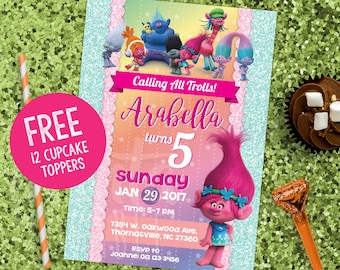 DIGITAL Trolls Invitation & Tags *FREE 2" Toppers*, Trolls Party, Trolls Birthday Invitation, Trolls Thank You tag, Trolls Theme Printables