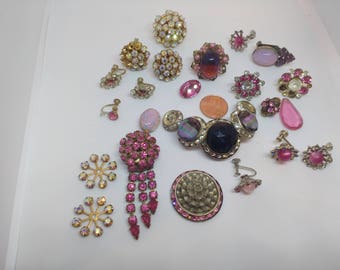Vintage Pink Rhinestone broken jewelry lot m2