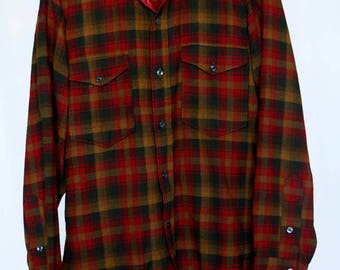 Vintage men's pendleton wool plaid shirt red black brown - excellent colors and condition sz 14.5 small/medium