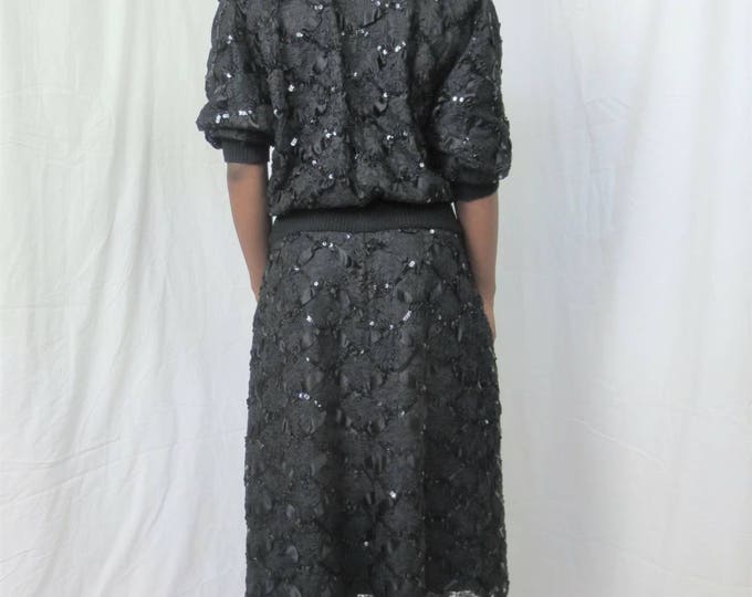 90s MARNI vintage knit embroidered lace sequin drop waist ribbed combo batwing sleeve LBD sweatshirt cocktail dress