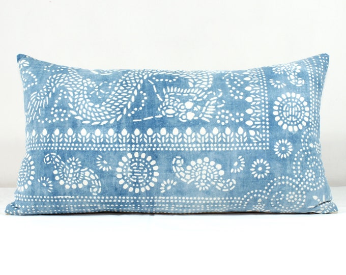 SALE! 12"x22" Vintage Indigo Batik Pillows, Old Chinese HMONG Batik Fabric Pillow Case, Ethnic Textile Cushion Cover