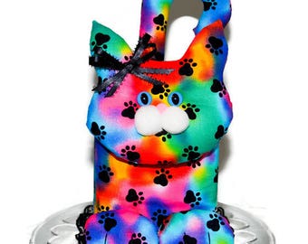 Kitty Cat Handmade Tissue Box Cover Multi Color Paw Prints Fabric Blue Eyes Pink Pom Pom Nose Black Lace Satin Bows Tissue Dispenser K72