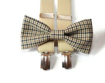 checkered bow tie & tan suspenders and bow tie groom suspenders kids suspenders baby suspenders men's suspenders toddler suspenders bowtie