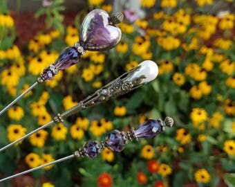 Victorian Antique Inspired Hat Pins Pearly Purple Color Heart, Crystal Beads, Teardrop Pearl & Brass Findings. Clutch Included. Strong.
