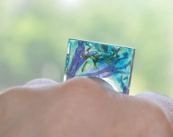Sister gift for her Gift idea botanical ring blue ring terrarium jewelry blue jewelry real flower ring natural jewelry organic gold flakes