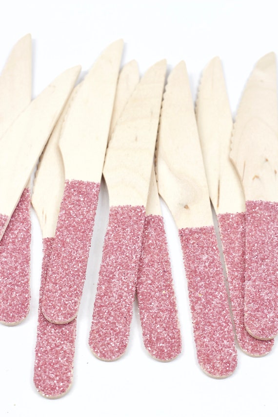Wood Glitter Knife Blush Pink Glitter Silverware Pink Glitter