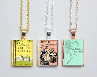 Vintage Book Cover Locket Jewelry Jewellery Necklace / Anne of Green Gables / Little Women / Secret Garden with Library Card