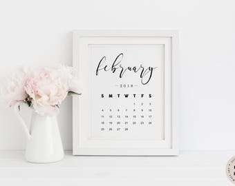 February Calendar 2018 Print — Pregnancy Announcement Printable Wall Art Newborn Print Black And White Monthly Calendar INSTANT DOWNLOAD