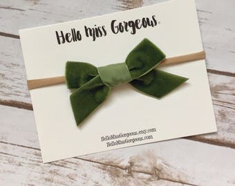EVERGREEN VINTAGE VELVET Hand-tied Bow (Headband or Clip)- velvet bow headband; velvet bow; newborn headband; baby headband; toddler bow