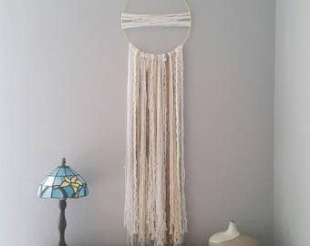 Dream Catcher, Bohemian, Gold and White, Yarn Tapestry, Wall Hanging