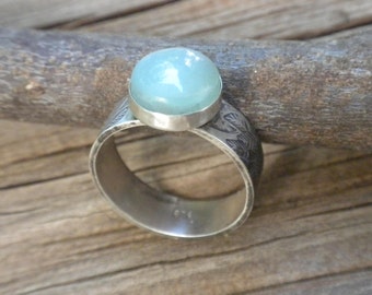 RESERVED for CeCe - Peruvian Opal Ring, Sterling Silver, Leaf Design on Shank, Peruvian Opal, Blue, Round Stone, Ring