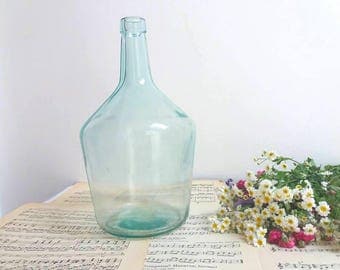 French Vintage demijohn / damme jeanne bottle / French green glass demijohn carboy wine bottle / Cottage chic / Vintage old glassware