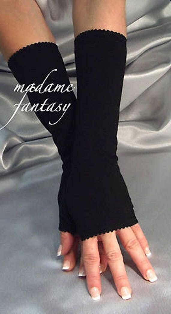 Long Black Cotton fingerless gloves with lace edge