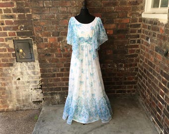 Vintage 1970s White & Blue Boho Maxi Dress | Butterfly Sleeves Summer Dress