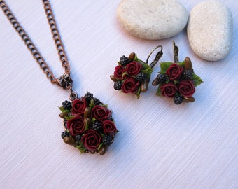 Gift-for-woman Rustic wedding jewelry Fall wedding jewelry Autumn wedding necklace Flower jewelry Flower earrings Flower necklace Dark red