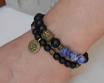 Shungite Bracelet Buddha Shungite Mala Bracelet Yoga Set of 2 Men Bracelets Yoga jewelry Buddha Bracelet Yoga Black Gemstone Bracelets Om