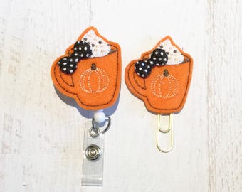 Fall Pumpkin Latte Felt Paper clip l Badge Reel ID Holder l Magnet l Brooch Pin l Planner Clip ID Lanyard Planner Accessories (86)