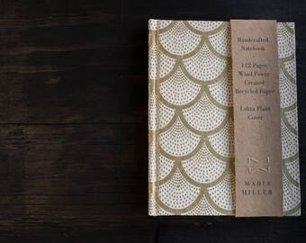 Handcrafted Notebook, Hardcover, Lokta Fibre Paper Cover, Gold 'Fans' & Dots Design, Unlined Recycled Paper, Eco Friendly, Ribbon Bookmark
