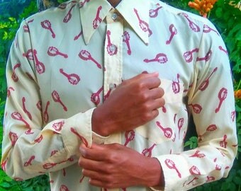 Vintage Men's Western Shirt with a Banjo Musical Print // Yellow Button Down Shirt // See Through Long Sleeve Clothing //