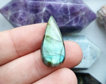Pear Shaped Labradorite Cabochon with Green and Pale Blue Flash