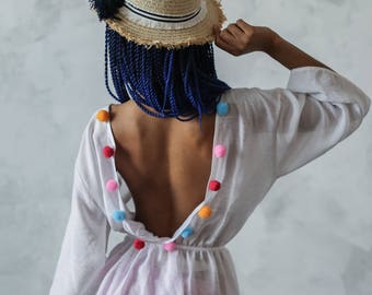 Cotton kaftan with pompons| Short summer dress | summer dress with pompons