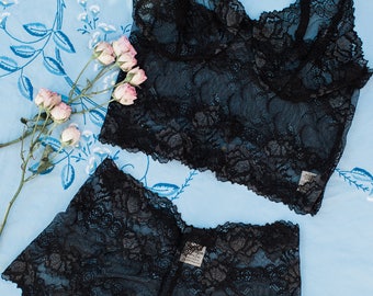 floral sheer bralette and French knicker set in black midnight roses stretch lace by fidditchdesigns