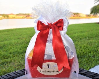 Personalized Baby Gift Basket Gender Neutral - Gender Reveal Gift Basket Red - New Mom Gift Basket - Newborn Gift Basket - Burp Cloth & Bibs
