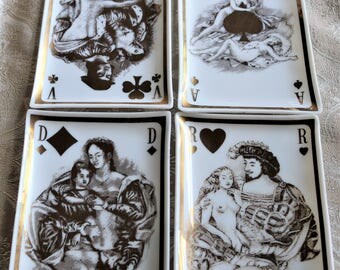Playing Cards Tray Set, Plaisirs d’Amour, Erotic Playing Cards, Designer Paul-Emile Becat, Set of 4 Trays, Vintage Glass Trays, Glass Guild