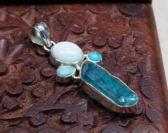 Natural Dyed Crystal Blue Aquamarine And Turquoise Pendant Gemstone 925 Sterling Silver Handmade Girlfriend Gift Wife Birthday 2.15" D1300
