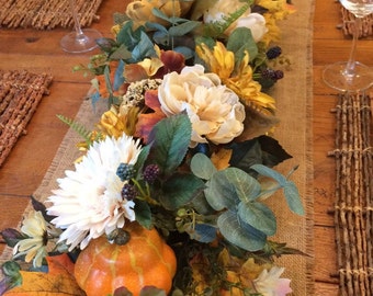 Lush fall garland, 50" Gold and cream garland, Fall floral garland, Fall decor, Rustic floral garland, Country garland, Floral burlap runner