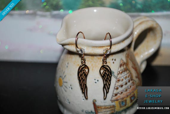 Angel Wings Earrings Sterling Silver Jewelry Rose Gold plated Swarovski Crystals Best Gift ideas for her Birthday Girlfriend Anniversary