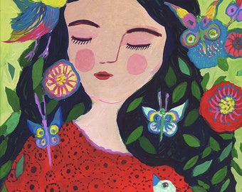 Original painting on paper - gouache- Rêveuse aux oiseaux