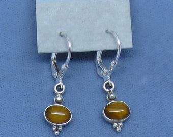 Tiny Tiger Eye Leverback Earrings - Sterling Silver - Victorian Antique Design - Dainty Petite - 170803