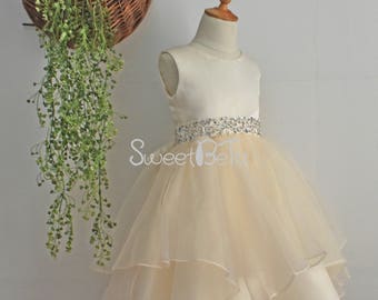 Champagne flower girl dress, organza girl dress, toddle summer dress, custom color and design
