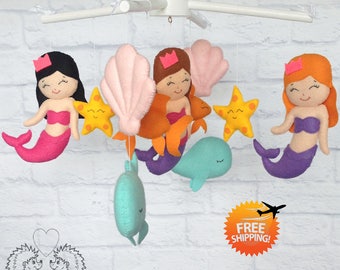 Baby mobile, Sea baby mobile, Mermaid mobile, Nursery mobile, Girl mobile, Crib mobile, Beach mobile, Hanging mobile, Under sea mobile