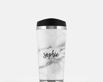 Personalized Travel Coffee Mug, Grey Marble Travel Mug, Grey Travel Tumbler, Monogram Coffee Mug, Stainless Steel Mug, To Go Coffee Cup 16oz