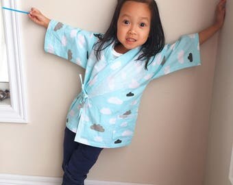 Cotton Kimono Robe for Boys or Girls || Soft Dressing Gown (Blue Clouds) || Lightweight Outfit and Easy to Wear || Machine-wash safe
